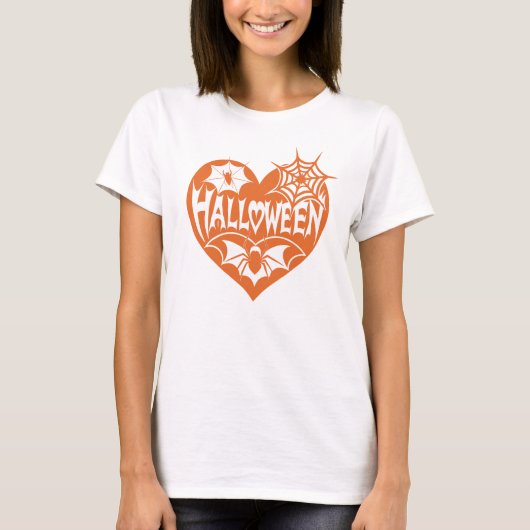 Halloween Hart, Oranje Hartvorm, Spinnenweb T-shirt (Voorkant)