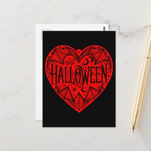 Halloween Hart, Rode Hartvorm, Feestdag Briefkaart (Voorkant / Achterkant in situ)