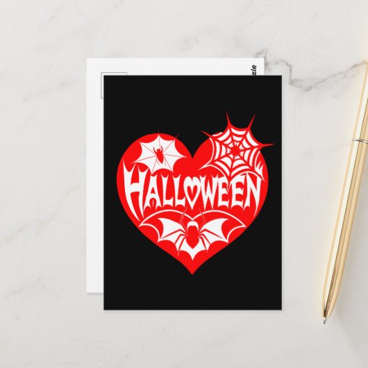 Halloween Hart, Rode Hartvorm, Spinnenweb Briefkaart (Voorkant / Achterkant in situ)