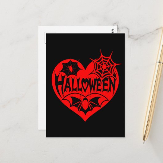 Halloween Hart, Rode Hartvorm, Spinnenweb Briefkaart (Voorkant / Achterkant in situ)