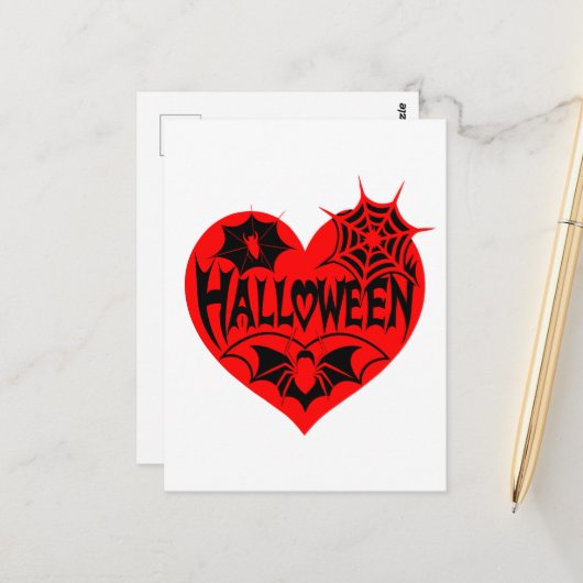 Halloween Hart, Rode Hartvorm, Spinnenweb Briefkaart (Voorkant / Achterkant in situ)