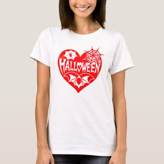 Halloween Hart, Rode Hartvorm, Spinnenweb T-shirt (Voorkant)