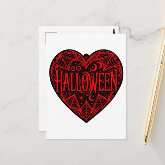 Halloween Hart, Zwarte Hartvorm, Feestdag Briefkaart (Voorkant / Achterkant in situ)