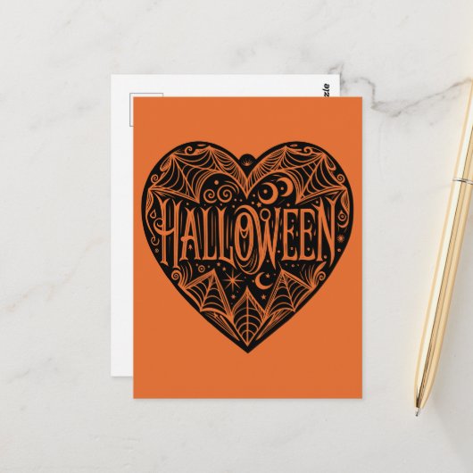 Halloween Hart, Zwarte Hartvorm, Feestdag Briefkaart (Voorkant / Achterkant in situ)