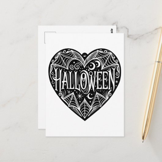 Halloween Hart, Zwarte Hartvorm, Feestdag Briefkaart (Voorkant / Achterkant in situ)