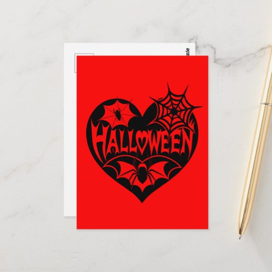 Halloween Hart, Zwarte Hartvorm, Spinnenweb Briefkaart (Voorkant / Achterkant in situ)