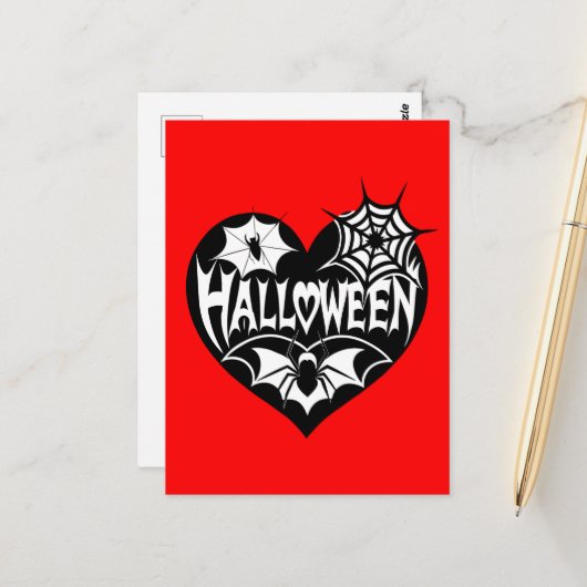 Halloween Hart, Zwarte Hartvorm, Spinnenweb Briefkaart (Voorkant / Achterkant in situ)