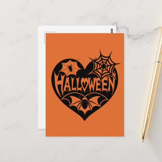 Halloween Hart, Zwarte Hartvorm, Spinnenweb Briefkaart (Voorkant / Achterkant in situ)