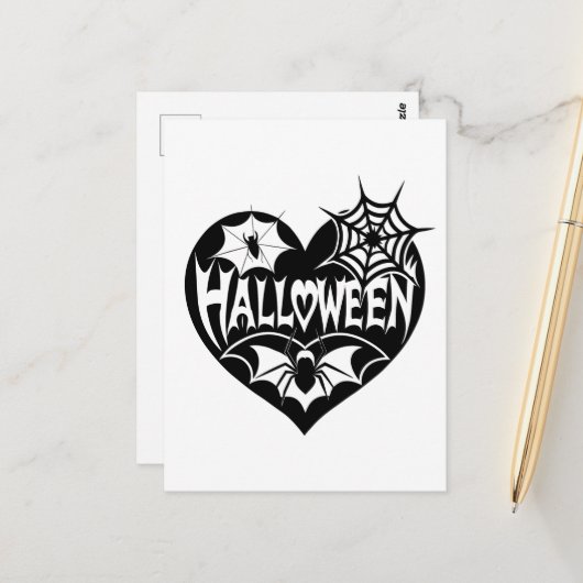 Halloween Hart, Zwarte Hartvorm, Spinnenweb Briefkaart (Voorkant / Achterkant in situ)