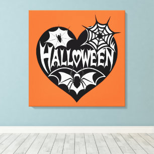 Halloween Hart, Zwarte Hartvorm, Spinnenweb Canvas Afdruk