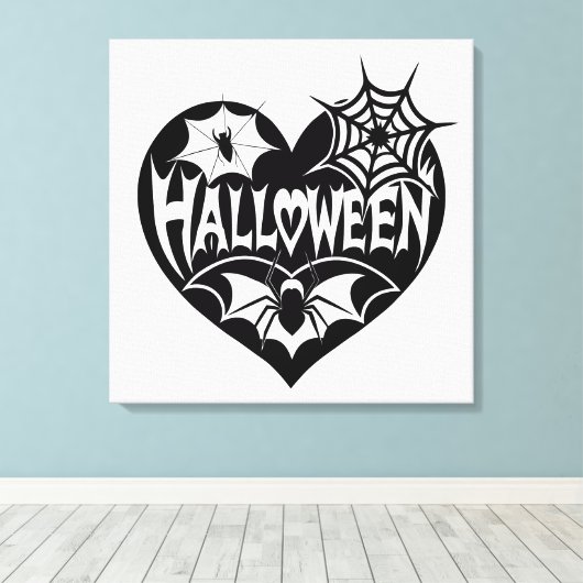Halloween Hart, Zwarte Hartvorm, Spinnenweb Canvas Afdruk (Insitu (Houten vloer))