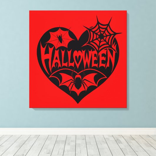Halloween Hart, Zwarte Hartvorm, Spinnenweb Canvas Afdruk (Insitu (Houten vloer))