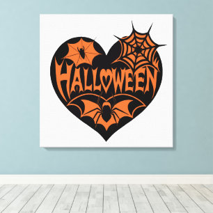 Halloween Hart, Zwarte Hartvorm, Spinnenweb Canvas Afdruk