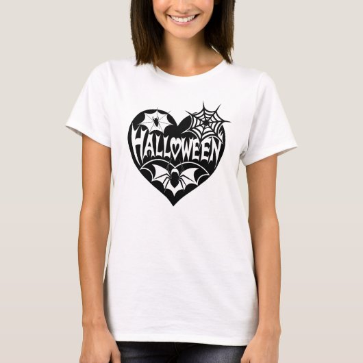 Halloween Hart, Zwarte Hartvorm, Spinnenweb T-shirt (Voorkant)