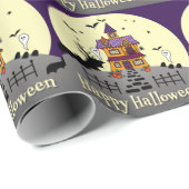 Halloween Hauned House Black Bat Full Moon Paars Cadeaupapier (Rol Hoek)
