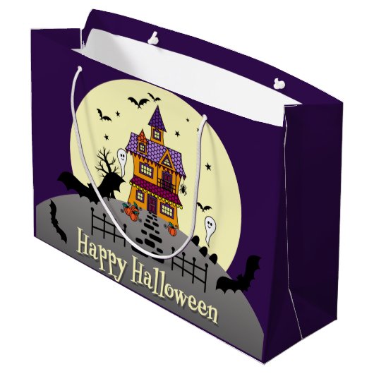 Halloween Hauned House Black Bat Full Moon Paars Groot Cadeauzakje (Achterkant Gekanteld)