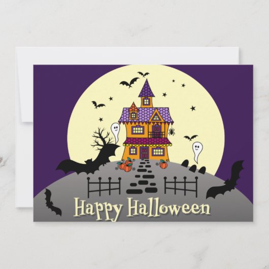 Halloween Hauned House Black Bat Full Moon Paars Kaart (Voorkant)