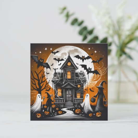 Halloween hauned house feestdagenkaart (Staand voorkant)