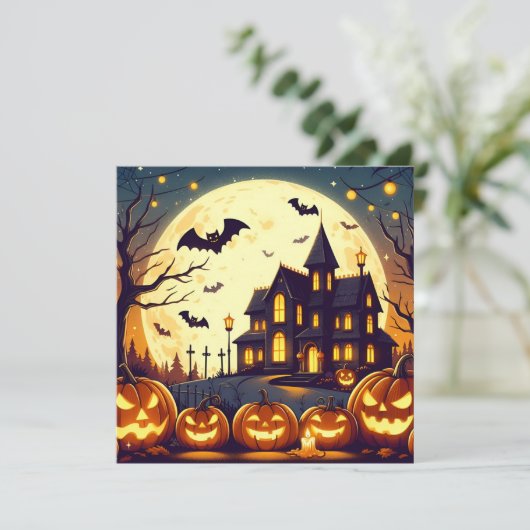 Halloween hauned house feestdagenkaart (Staand voorkant)