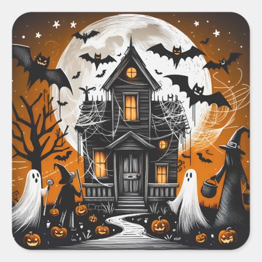 Halloween hauned house vierkante sticker (Voorkant)