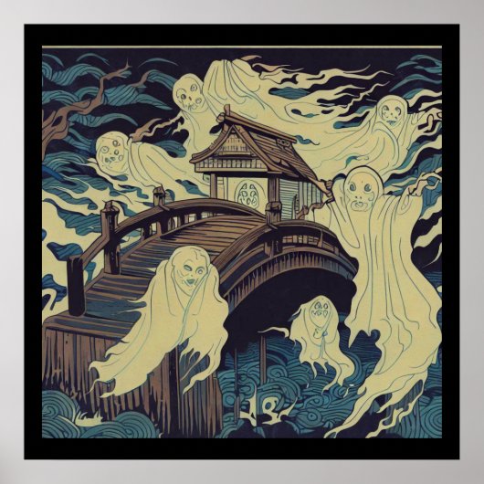 Halloween - Haunted Bridge Woodcut 4 Poster (Voorkant)