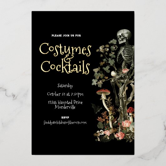 Halloween Haunted Forest Kostuum & Cocktails Zwart Folie Uitnodiging (Voorkant)