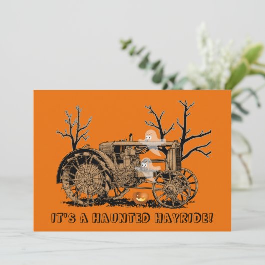 Halloween Haunted Hay Ride Boerderij Tractor Ghost Kaart (Staand voorkant)