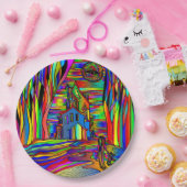 Halloween Haunted House Abstract kleurrijk 9" Papieren Bordje (Feest)