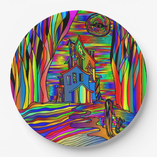Halloween Haunted House Abstract kleurrijk 9" Papieren Bordje (Voorkant)
