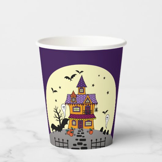 Halloween Haunted House Black Bat Full Moon Ghost Papieren Bekers (Achterkant)