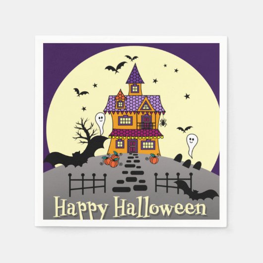 Halloween Haunted House Black Bat Full Moon Ghost Servet (Voorkant)