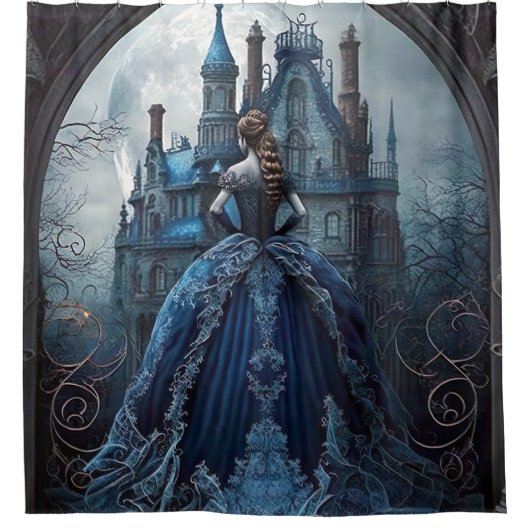 Halloween Haunted House Blauwe Nacht Eng Douchegordijn (Voorkant)