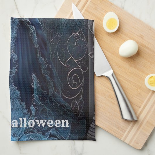 Halloween Haunted House Blauwe Nacht Eng Theedoek (Quarter Fold)