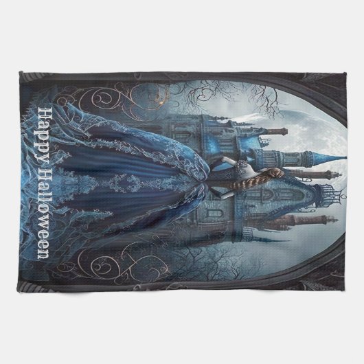 Halloween Haunted House Blauwe Nacht Eng Theedoek (Horizontaal)