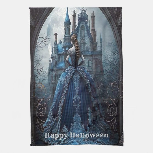Halloween Haunted House Blauwe Nacht Eng Theedoek (Verticaal)