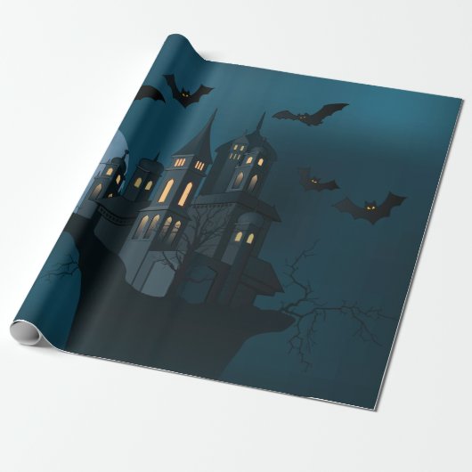 Halloween haunted house, dode boom, maan en vleerm cadeaupapier (Uitgerold)