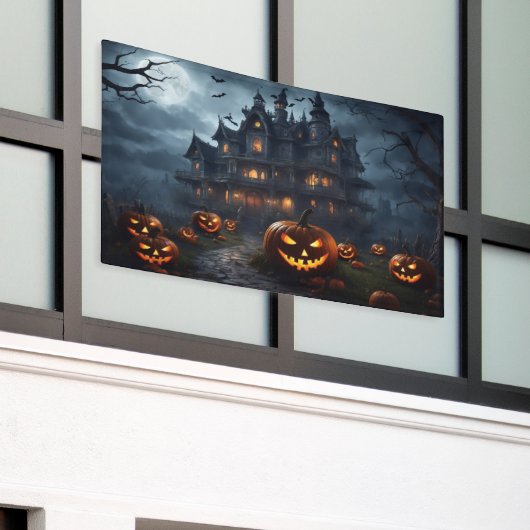 Halloween Haunted House en Jack-O-Lantern Spandoek (Buitenkant Gebouw)