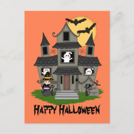 Halloween haunted house en kleine heks sinaasappel briefkaart