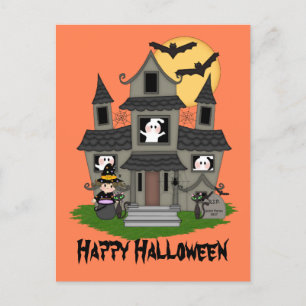 Halloween haunted house en kleine heks sinaasappel briefkaart