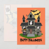 Halloween haunted house en kleine heks sinaasappel briefkaart (Voorkant / Achterkant)