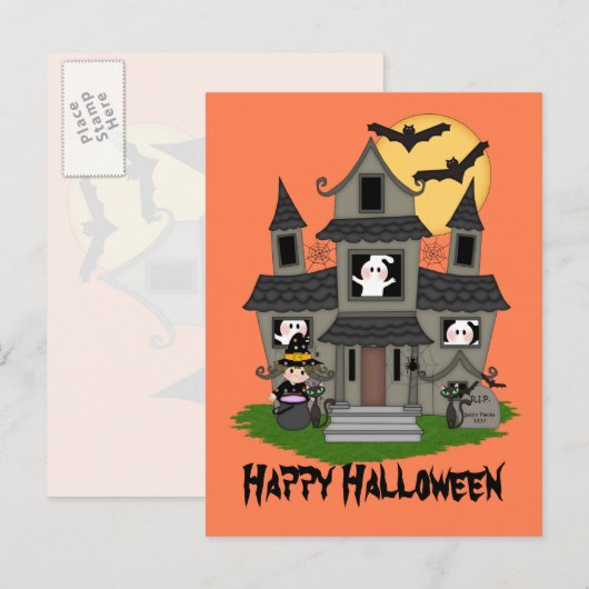 Halloween haunted house en kleine heks sinaasappel briefkaart (Voorkant / Achterkant)