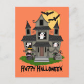 Halloween haunted house en kleine heks sinaasappel briefkaart (Voorkant)