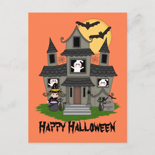 Halloween haunted house en kleine heks sinaasappel briefkaart (Voorkant)