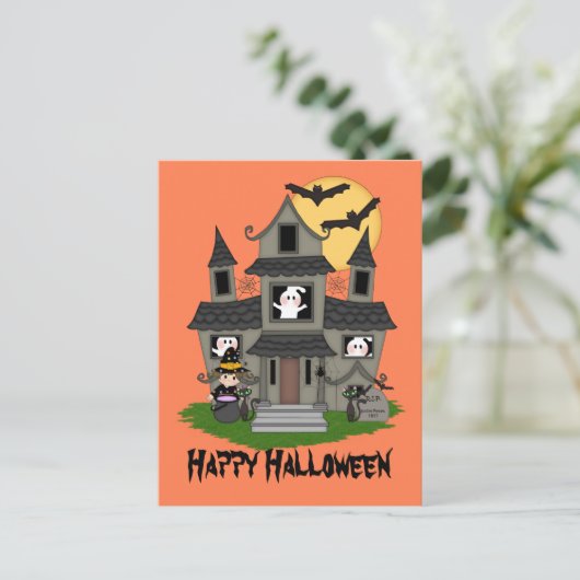 Halloween haunted house en kleine heks sinaasappel briefkaart (Staand voorkant)