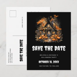 Halloween Haunted House en pompoenen Save the Date Uitnodiging Briefkaart