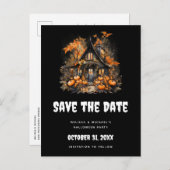 Halloween Haunted House en pompoenen Save the Date Uitnodiging Briefkaart (Voorkant / Achterkant)