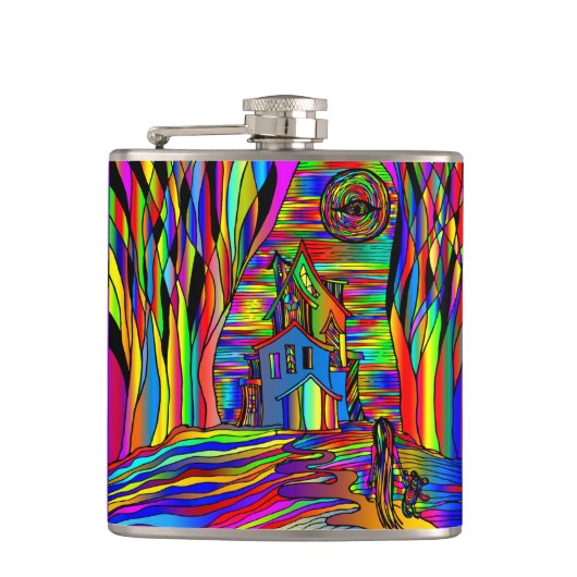 Halloween Haunted House eng Abstract kleurrijk Heupfles (Voorkant)