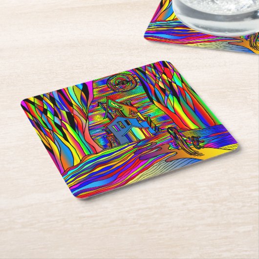 Halloween Haunted House eng Abstract kleurrijk Kartonnen Onderzetters (Schuin)