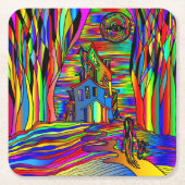 Halloween Haunted House eng Abstract kleurrijk Kartonnen Onderzetters (Voorkant)