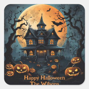 Halloween Haunted House met griezelige pompoenen Vierkante Sticker